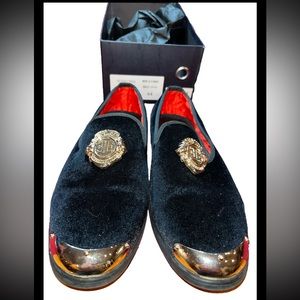 ELANROMAN BLACK VELVET gold toes LOAFERS 11/11.5 US/ 44 EU GOLD CREST EMBLEM NEW